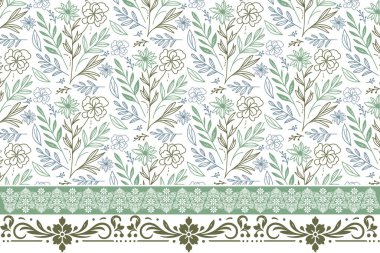 Tekstil arka plan çizimi. Çiçek desenli el çizimi. Kenarında çiçek deseni olan bir çizgi. Kusursuz taslak yapraklar. Modern nakış tekerrür ediyor. Botanik desen elementleri