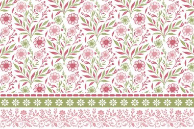 Modern kusursuz eskiz. Özet çiçek dokusu. Nakış işlemeli çiçekli sınır tasarımı. Kenarında çiçek deseni olan bir çizgi. Botanik tekstil tekerrürü. el çizimi taç yaprakları