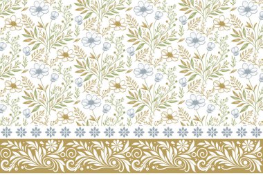 Botanik çizgisi çizimi. El yapımı sınır unsurları. Kenarında çiçek deseni olan bir çizgi. Nakış eskiz tasarımı. Kusursuz çiçek yaprakları. tekstil arkaplanı tekrarı