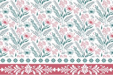 Taslak taç yaprakları skeci. Kenarında çiçek deseni olan bir çizgi. Kusursuz bir tekstil geçmişi var. İşlemeli çiçekli tekrar. Minimum el çizimi tasarımı. Botanik sınır çizimleri