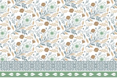 İşlemeli taç yaprakları tekrarlanıyor. Kusursuz çiçek desenli. Tekstil sınır tasarımı. Kenarında çiçek deseni olan bir çizgi. El yapımı botanik doku. modern çizim arkaplanı