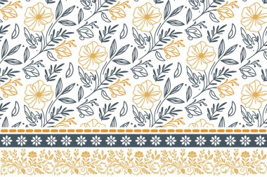 Kenarında çiçek deseni olan bir çizgi. Kusursuz yaprak tekrarı. Hassas nakışlı eskiz. Çiçeksel tekstil geçmişi. El yapımı botanik sınırı. özet tasarım ögeleri