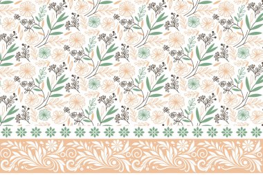 Modern tekstil tekrarı. Botanik sınır sanatı. Kusursuz taslak yapraklar. Kenarında çiçek deseni olan bir çizgi. El çizimi çiçek çizimi. Nakış işlemeli çiçek tasarımı