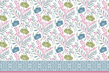 Tekstil tasarımı. Kenarında çiçek deseni olan bir çizgi. Kusursuz çiçek arkaplanı. Zarif nakış eskizi. Çiçek sınır elementleri asgari düzeyde. Botanik el çizimi tarzı