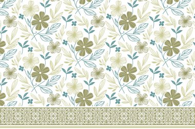 Botanik nakış taslağı. Asgari sınır unsurları. El çizimi çiçek yaprakları. Kenarında çiçek deseni olan bir çizgi. Kusursuz tekstil dokusu. modern çiçek çizimi tekrarla