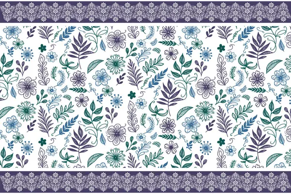 Çiçeksel çizim taslağı. Kusursuz nakış tekrar ediyor. Tek bir sınır çizgisi. Tekstil yaprağı elementleri. El yapımı botanik tasarımı. Zarif sanat eseri dokusu