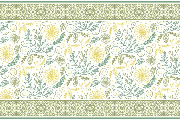 Çiçekli nakış işleme sanatı. Bir çizgi botanik çizimi. Kusursuz tekstil tekrarı. Ana hatlarıyla çiçek tasarımı. Sınır desenli. el çizimi taç yaprakları