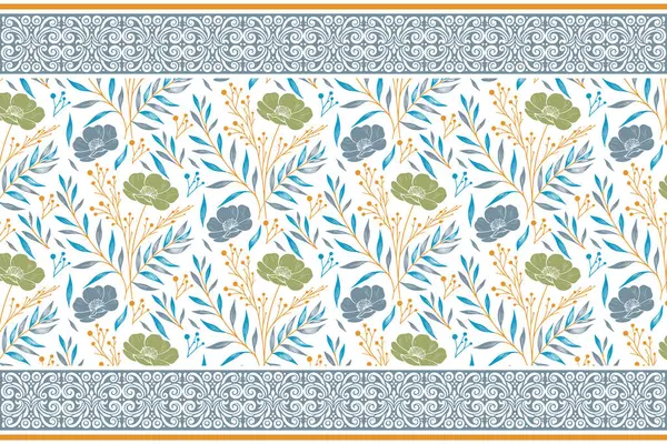 Bir çizgi nakış işi. Çiçeksel sınır tekrarı. Asgari tekstil modeli. Hassas taç yaprağı çizimi. Botanik çizgi elementleri. Kusursuz el çizimi tasarımı