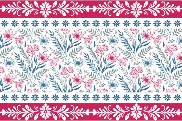 Botanik nakış sınırı. Bir çizgi çiçek çizimi. Kusursuz çiçek tekrarı. Tekstil desenli. Modern taç yaprakları. El çizimi sanat dokusu