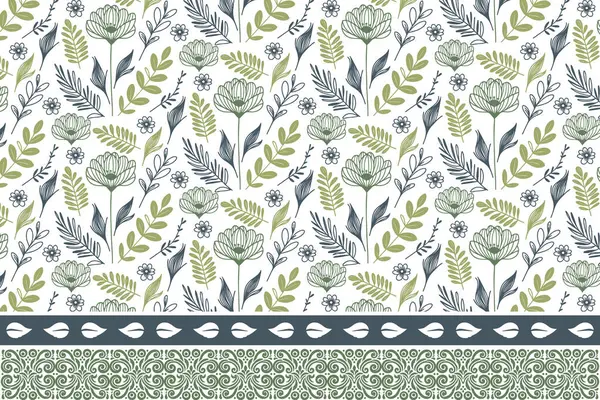 Sınır nakışı tasarımı. Kusursuz çiçek desenleri. Bir çizgi çiçek tekrarlıyor. Minimum tekstil eskizi. Botanik anahat modeli. el çizimi yaprak biçimi