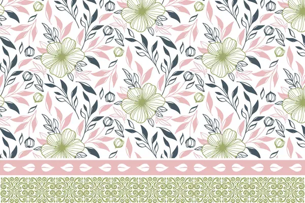 Çiçek işleme elementleri. Kusursuz desen tasarımı. Bir sıra sınır çizimi. El yaprağı deseni. Tekstil taslağı. en az botanik tekrarlama