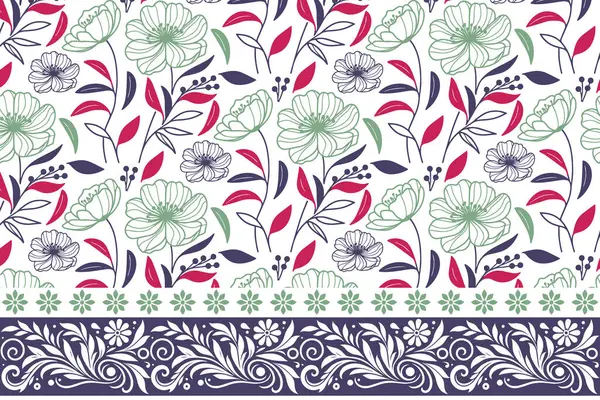 Çiçek desenli sanat eseri. İşlemeli sınır tekrarı. Yaprakları tek sıra halinde çiz. Kusursuz botanik desen. El çizimi tekstil taslağı. minimal modern tasarım