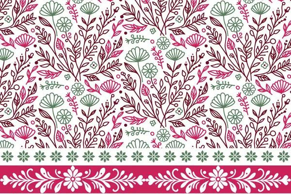 Çiçekli nakış tasarımı. Sınır çizimi. Tekstil deseni tek satırda. El çizimi yapraklar tekrar eder. Kusursuz modern doku. Botanik sanat öğeleri
