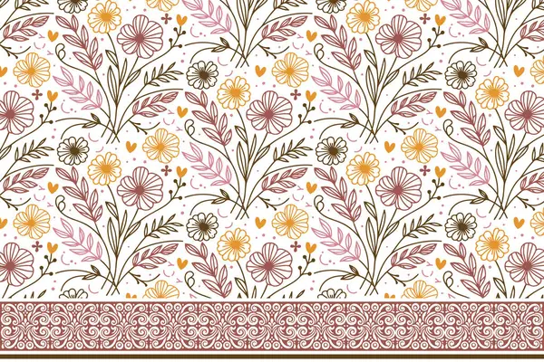 Kusursuz botanik çizimi. İşlemeli çiçekli kenar. Tekstil desenini özetle. Bir çizgi yaprak çizimi. El çizimi tekrar dokusu. asgari tasarım ögeleri