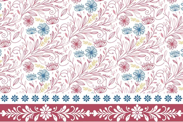 Kusursuz taslak yapraklar. Çiçeksel sınır tekrarı. Bir çizgi tekstil tasarımı. Elle çizilmiş nakış eskizi. En küçük çizim kalıbı. Botanik modern doku