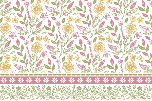 Çiçek desenli nakış. Zarif sınır tasarımı. Tekstil eskiz kalıbı. Kusursuz el yaprağı çizimi. Botanik elementlerin ana hatları. modern tekrarlama dokusu