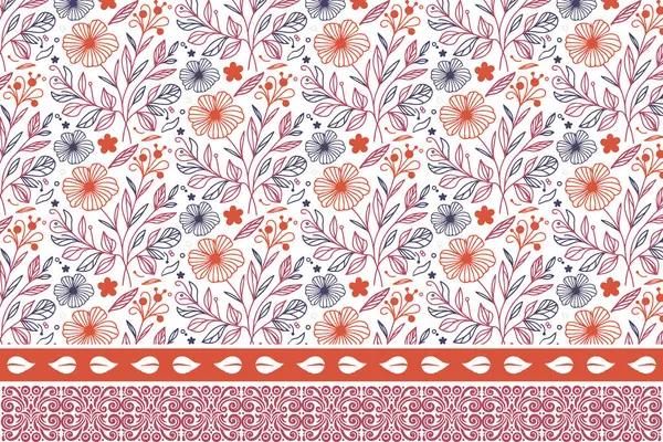 Botanik tekrarlama kalıbı. Kusursuz nakış tasarımı. Çiçeksel çizim dokusu. Taslak yapraklar tek sıra halinde. El yapımı sınır unsurları. tekstil arkaplan sanatı