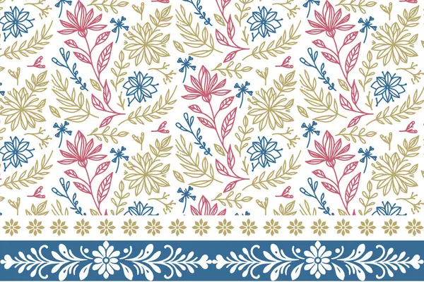 Sınır ayrıntıları nakış. Bir sıra çiçek sanatı. Kusursuz çiçek çizimi. Modern tekstil dokusu. Asgari taç yaprağı çizgisi. Botanik tekrarlama deseni
