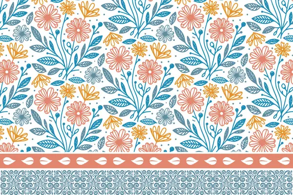 Kusursuz sınır düzeni. Çiçek işlemeli el çizimi. Taslak taç yaprağı dokusu. Kenarında çiçek deseni olan bir çizgi. Tekstil skeci tekrarlanıyor. modern botanik tasarımı