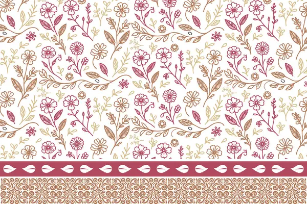 Çiçeksel çizim dokusu. Kusursuz nakış hatları var. Minimum el yaprağı çizimi. Kenarında çiçek deseni olan bir çizgi. Tekstil sınırı tekrarı. Botanik arka plan sanatı