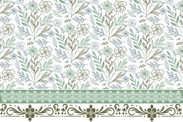Tekstil arka plan çizimi. Çiçek desenli el çizimi. Kenarında çiçek deseni olan bir çizgi. Kusursuz taslak yapraklar. Modern nakış tekerrür ediyor. Botanik desen elementleri