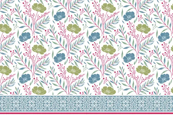 Tekstil tasarımı. Kenarında çiçek deseni olan bir çizgi. Kusursuz çiçek arkaplanı. Zarif nakış eskizi. Çiçek sınır elementleri asgari düzeyde. Botanik el çizimi tarzı