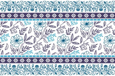 Mavi çiçek deseni. Kusursuz botanik doku. İşlemeli taç yaprakları taslağı. Modern bir arka plan. Tekstil tasarımı. Temiz el çizimi tekrarla