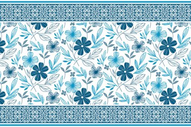 Mavi çiçek desenli. Dikensiz nakış deseni. En az bir çizgi tasarımı. Ana hatlarıyla botanik yaprakları. El yapımı tekstil arka planı. modern çiçek tekrarı