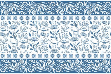 Mavi botanik dokusu. Bir sıra çiçek deseni. Kusursuz işlemeli arka plan. Elle çizilmiş taç yaprakları. Çiçeklerle ilgili özet geç. zarif modern tasarım