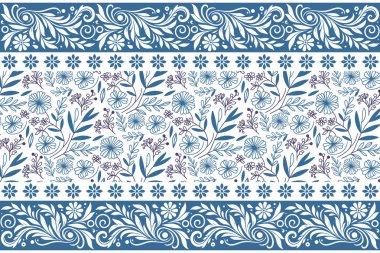 Mavi zarif nakış dokusu var. Çiçeksiz desen. Botanik el yaprakları çizdi. Bir çizim taslağı. tekstil arka planı tekrar. temiz modern tasarım