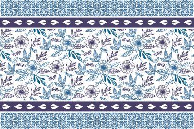 Mavi asgari ana hatlı yapraklar. Kusursuz çiçekli nakış nakışı. El çizimi botanik desen. Modern tekstil eskizi. Bir çizgi çiçek tekrarlıyor. temiz arkaplan tasarımı