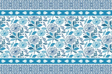 Mavi çiçekli el çizimi. Bir çizgi taçyaprakları eskizi. Kusursuz tekstil nakışı. Ana hatları tekrar et. Botanik modern model. Temiz arkaplan dokusu