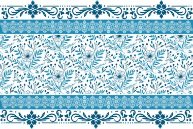 Mavi eskiz nakış tasarımı. Bir sıra çiçek elementleri. Kusursuz botanik geçmişi. Minimum çiçek deseni. Zarif kumaş. el çizimi taç yaprakları