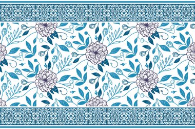 Mavi çiçekli kumaş deseni. El işlemesi işlemeli taç yaprakları. Bir çizgi botanik çizimi. Kusursuz bir arka plan. Modern tasarım elementleri en küçük çiçek yinelemesi