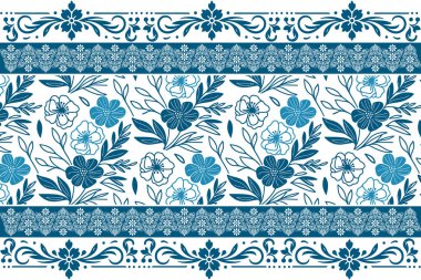 Mavi dikişsiz taç yaprakları nakış işliyor. Modern bir çiçek serisi. Botanik anahat dokusu. Tekstil arka planını çiz. El çizimi tekrar. en küçük çiçek tasarımı