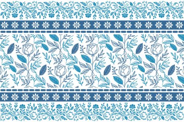 Mavi çizim çiçek deseni. Bir çizgi nakış dokusu. Botanik tekstil tasarımı. Kusursuz taslak yapraklar. Zarif çiçek elementleri. temiz modern arkaplan