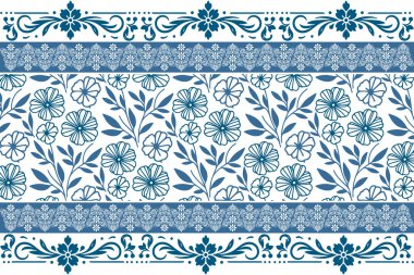 Mavi işlemeli çizgi sanatı. Çiçek desenli. Kusursuz botanik desen. Modern el yaprağı çizimi. Minimum tekstil eskizi. özet çiçek arkaplanı