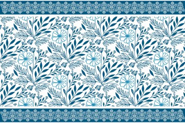 Mavi temiz çiçek sınırı. Taslağı tekrarla. Elle çizilmiş nakış. Modern bir çizgi tasarımı. Kusursuz botanik geçmişi. minimal tekstil deseni