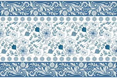 Mavi çiçekli, pürüzsüz elementler. Ana hatlı nakış tasarımı. Elle çizilmiş taç yaprakları. En az bir satır arkaplan. Botanik tekstil deseni. modern duvar kağıdı biçimi