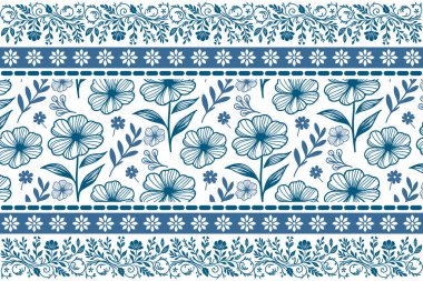 Mavi, pürüzsüz çizim kalıbı. Zarif nakış yaprakları. En az bir sıra çiçek. Botanik taslak tekrarı. El çizimi arka plan. modern tekstil yapısı