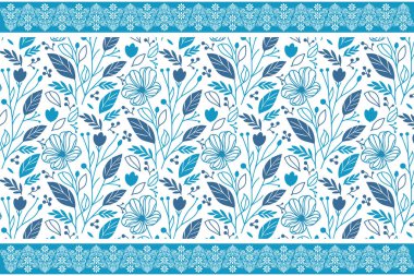 Bir sıra mavi nakış. Çiçek arkaplanı çok az. Çizim botanik tekrarı. El yapımı taç yaprakları. Modern tekstil modeli. pürüzsüz dış hat ögeleri