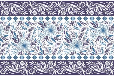 Mavi çizgili yapraklar tekrarlanıyor. Kusursuz çiçek deseni. Botanik nakış deseni. Bir çizgi çizilmiş çizim. Modern tekstil arka planı. en küçük çiçek elementleri