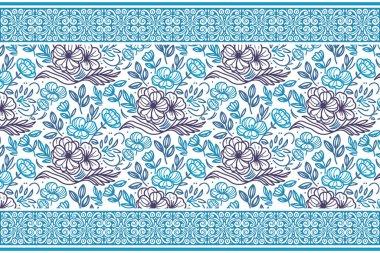 Mavi, dikişsiz çiçek nakışı. El çizimi çiçek yaprakları. Minimum botanik tasarım. Bir çizgi çizimi. Tekstil tekrar dokusu. temiz modern arkaplan