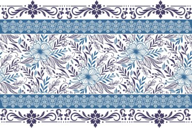 Mavi, temiz çiçek arkaplanı. Minimum nakış eskizi. Bir sıra çiçek özeti. Kusursuz tekstil deseni. Botanik yapraklar tekrar eder. modern tasarım dokusu