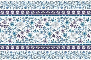 Mavi çiçek desenli duvar kâğıdı. Kusursuz taslak yapraklar. İşlemeli bir çizgi tasarımı. El çizimi botanik desen. En az tekstil tekrarı. modern çiçek elementleri