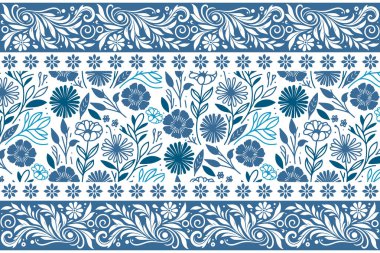 Mavi modern çiçek çizimi. Bir çizgi nakış tekrar ediyor. Botanik el yaprakları çizdi. Kusursuz ana hatları var. Tekstil duvar kağıdı arka planı. temiz asgari tasarım