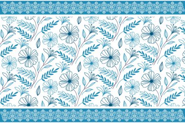 Mavi zarif çiçek çizimi. Kusursuz tekstil tekrarı. El yapımı botanik nakış. Bir sıra çiçek tasarımı. Modern taslak yapraklar. Temiz arkaplan dokusu