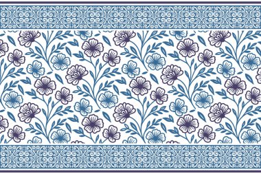 Mavi, kusursuz tekstil çizimi. Çiçeksel özgeçmiş. Modern botanik elementleri. Bir çizgi işlemeli taç yaprakları. Zarif çiçek tekrarlıyor. temiz desen tasarımı