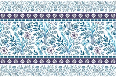 Mavi çiçekli mutfak deseni. Bir çizgi işlemeli taç yaprakları. Botanik eskiz dokusu. Kusursuz tasarım. El yapımı tekstil. en küçük çiçek yinelemesi