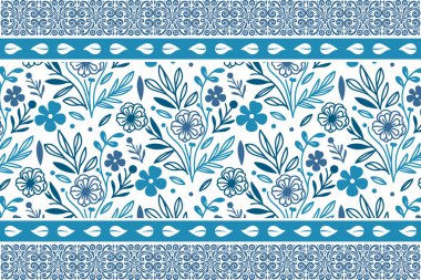 Mavi çiçekli sınır çizimi. Kusursuz modern model. Elle çizilmiş nakış. Bir çizgi botanik taç yaprakları. Taslak tekstil arka planı. tekrar tasarımı temizle
